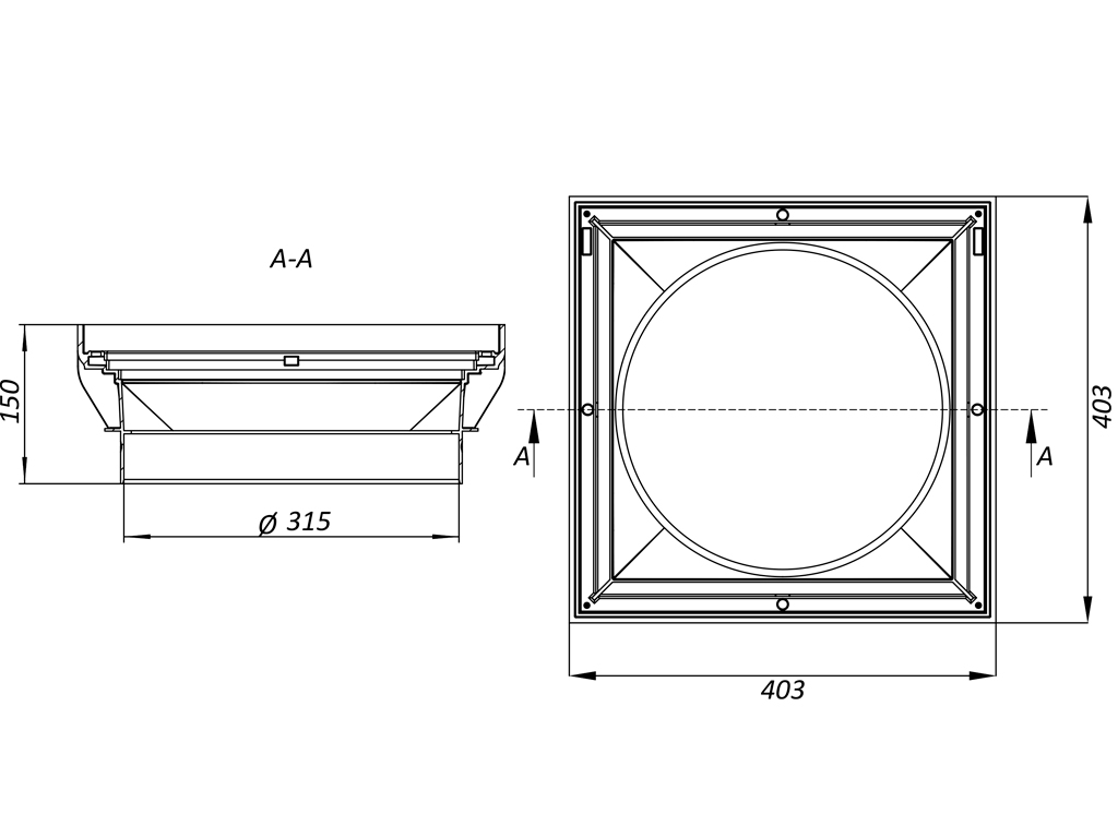Set cadru cu capac din oțel zincat (403X403XH150mm) pentru țeava PVC cu diametru 315mm, clasa de sarcini B125